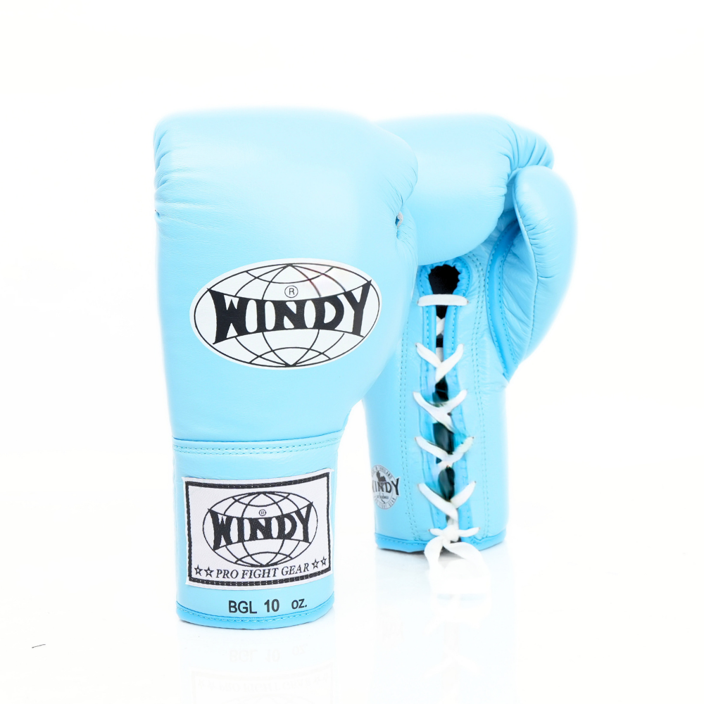 Windy BGL light blue lace-up boxing gloves with extended side padding, secure wrist support and Windy branding, pair on a white background