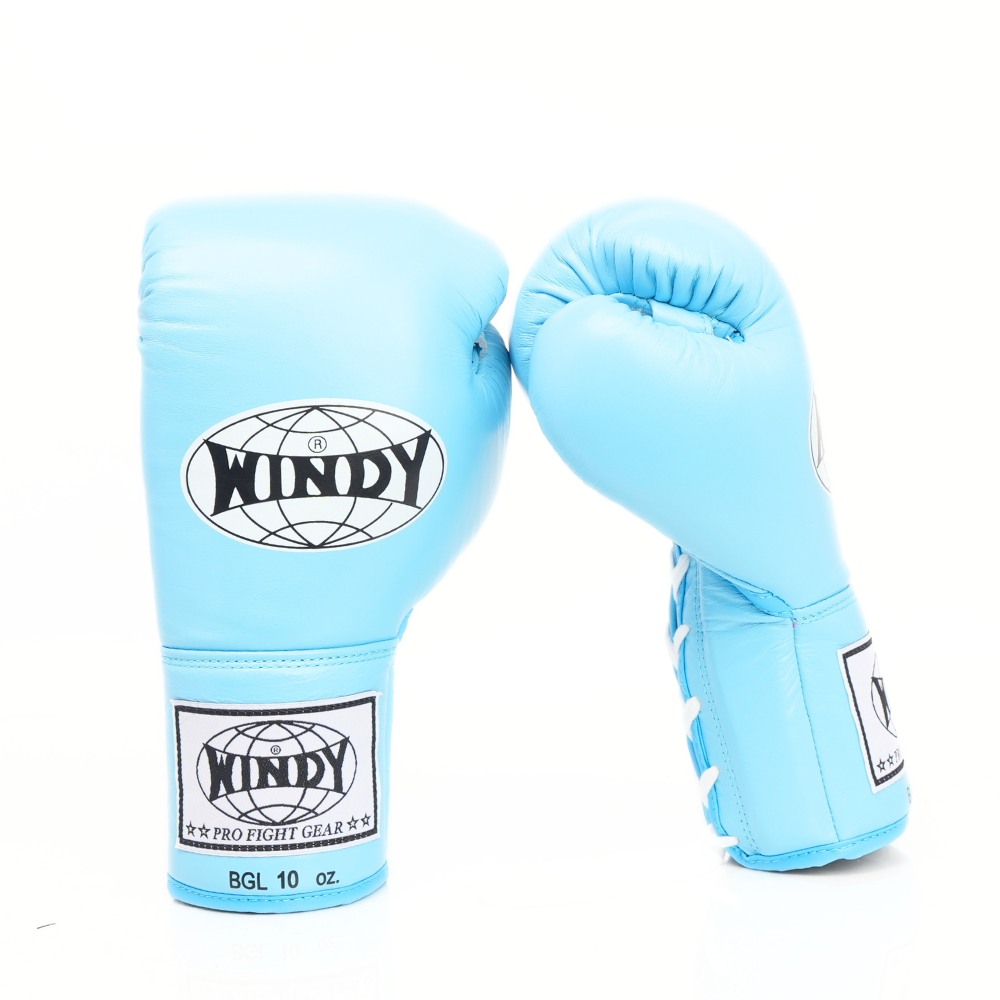 Windy BGL light blue lace-up boxing gloves with extended side padding, secure wrist support and Windy branding, pair on a white background