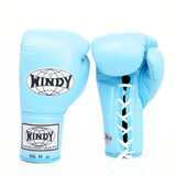 Windy BGL light blue lace-up boxing gloves with extended side padding, secure wrist support and Windy branding, pair on a white background
