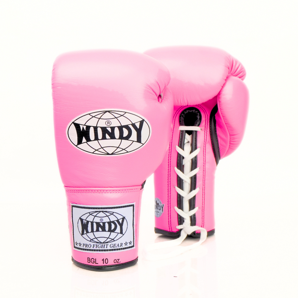 Front view of pink Windy BGL lace-up boxing gloves showing black trim, padded knuckles, white laces and Windy branding on a white background