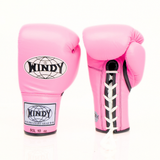 Palm-side view of pink Windy BGL lace-up boxing gloves showing stitched palms, thumb openings, lace closure and wrist padding on a white background