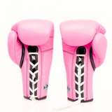Rear view of pink Windy BGL lace-up boxing gloves showing leather palms, lace channels, wrist cuffs and black trim on a white background