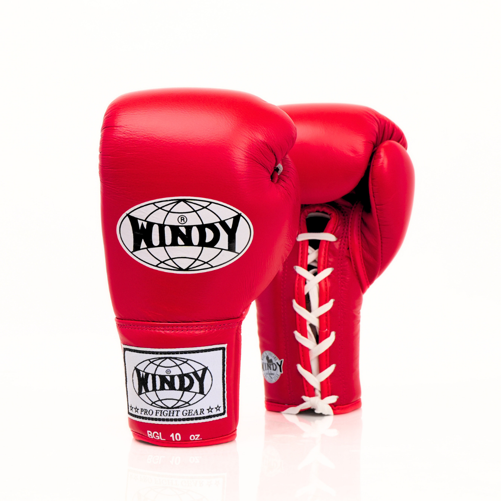 Windy BGL Red lace-up boxing gloves in genuine leather with extended side padding and locked-in wrist support, pair on a white background