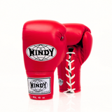Windy BGL Red lace-up boxing gloves in genuine leather with extended side padding and locked-in wrist support, pair on a white background