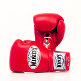 Windy BGL Red lace-up boxing gloves in genuine leather with extended side padding and locked-in wrist support, pair on a white background