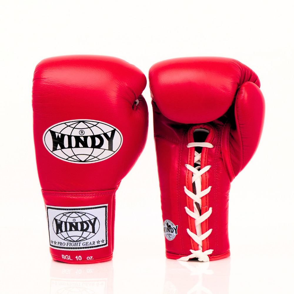 Windy BGL Red lace-up boxing gloves in genuine leather with extended side padding and locked-in wrist support, pair on a white background