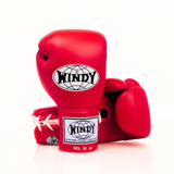 Windy BGL Red lace-up boxing gloves in genuine leather with extended side padding and locked-in wrist support, pair on a white background