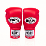 Windy BGL Red lace-up boxing gloves in genuine leather with extended side padding and locked-in wrist support, pair on a white background