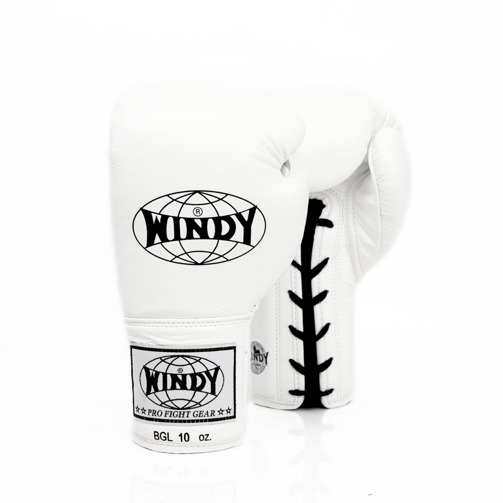 Windy BGL white lace-up boxing gloves with black laces and Windy branding, pair shown on a white background