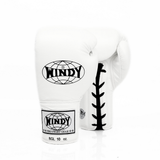 Windy BGL white lace-up boxing gloves with black laces and Windy branding, pair shown on a white background