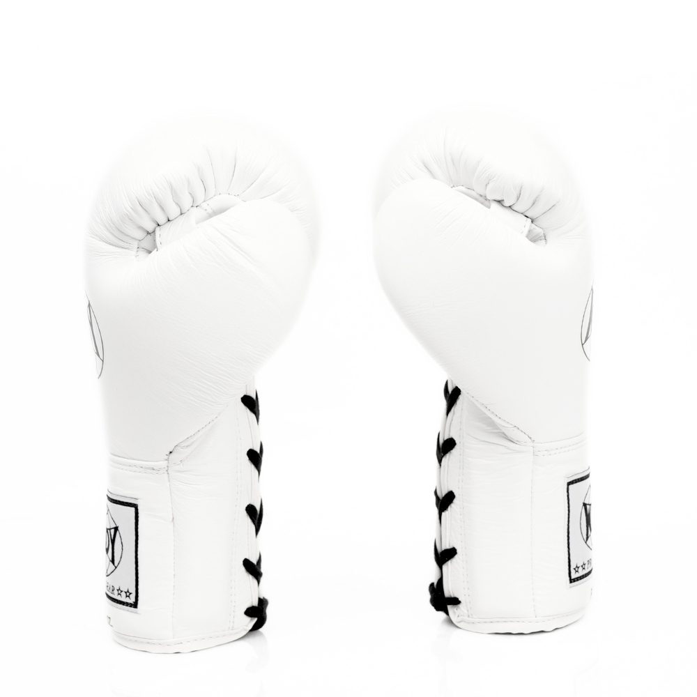 Windy BGL white boxing gloves with black laces and black wrist straps, pair on a white background