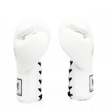 Windy BGL white boxing gloves with black laces and black wrist straps, pair on a white background