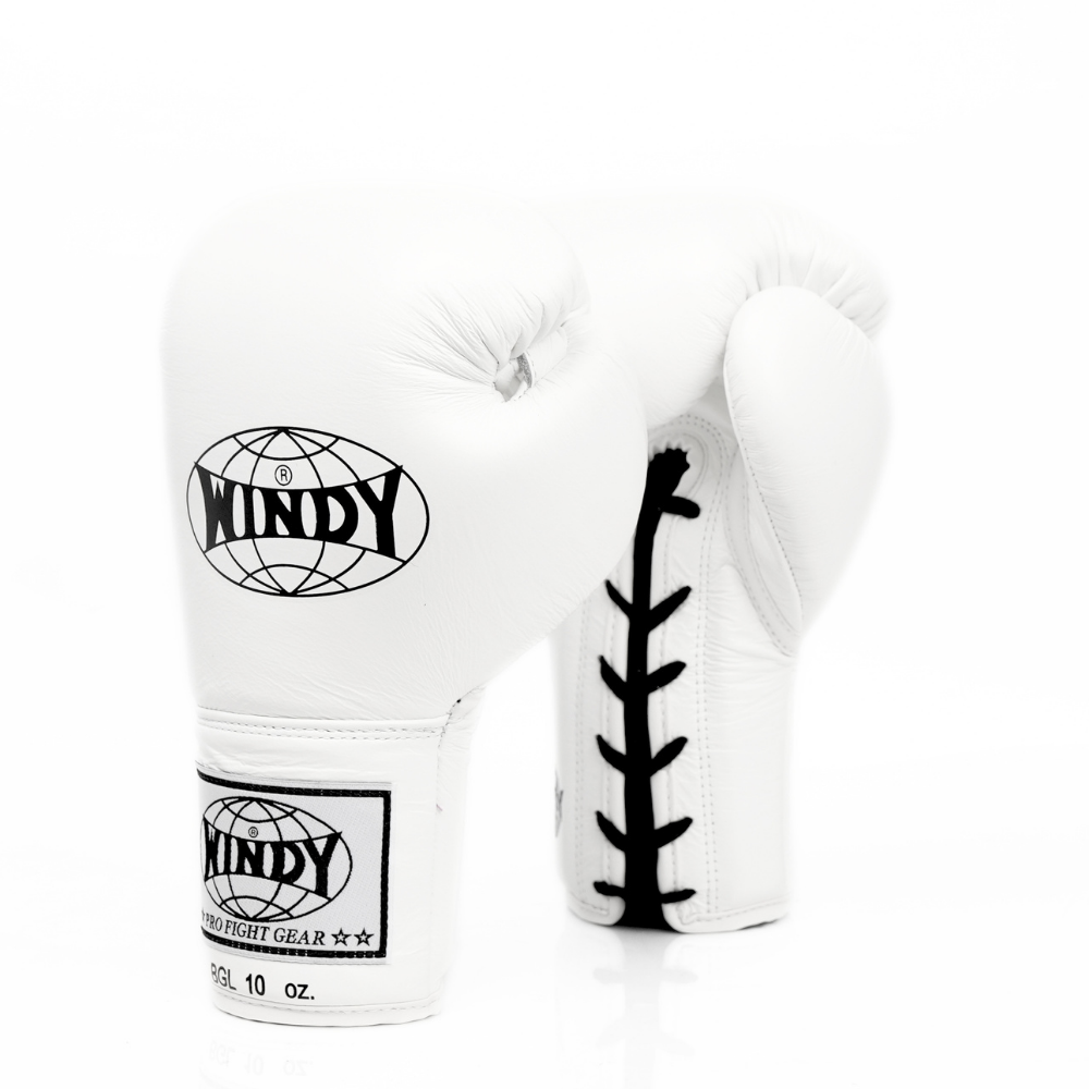 Windy BGL white boxing gloves with black laces and black logo patches, back view on a white background