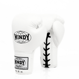 Windy BGL white boxing gloves with black laces and black logo patches, back view on a white background