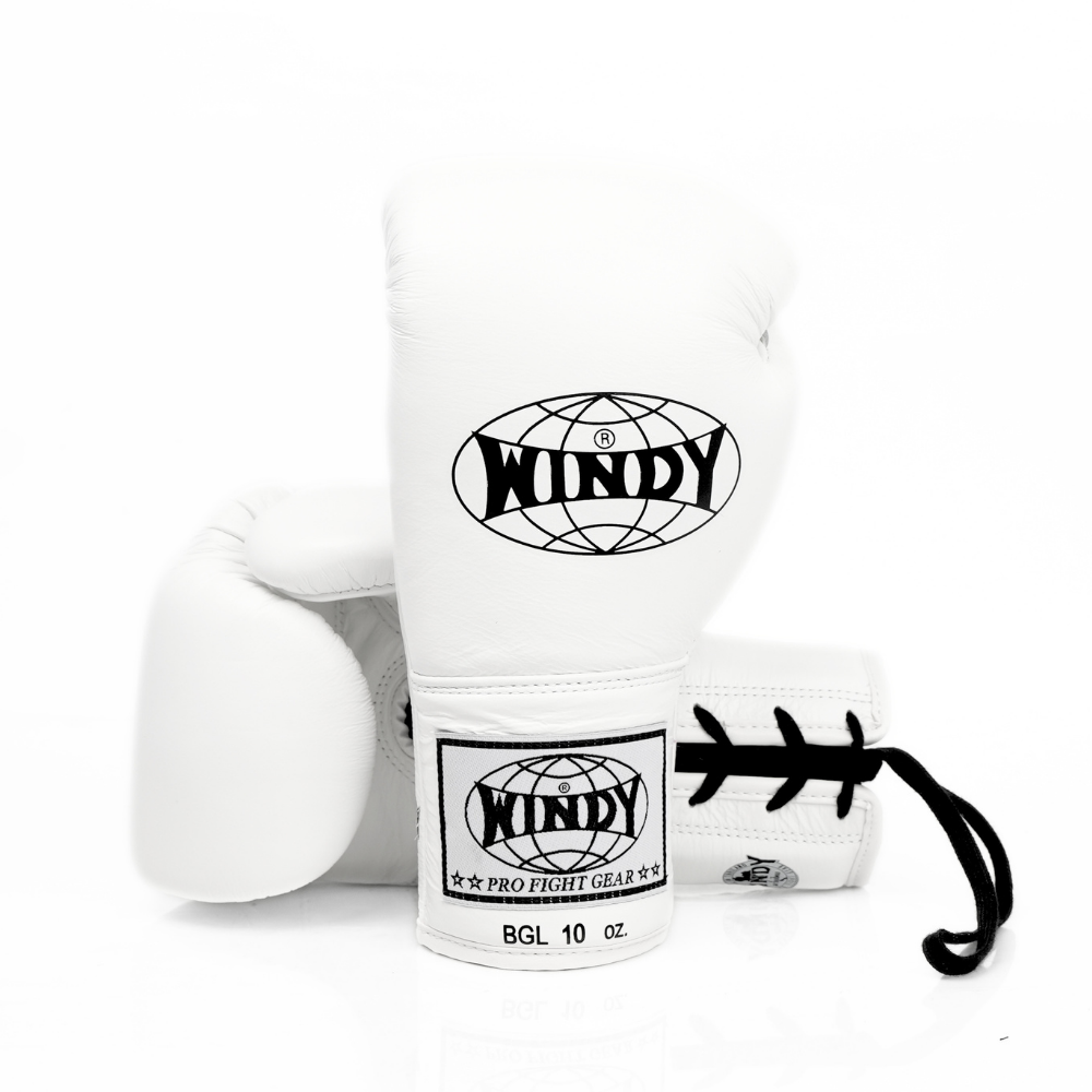 Windy BGL white lace-up boxing gloves with black laces and printed Windy logos, pair on a white background