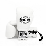 Windy BGL white lace-up boxing gloves with black laces and printed Windy logos, pair on a white background