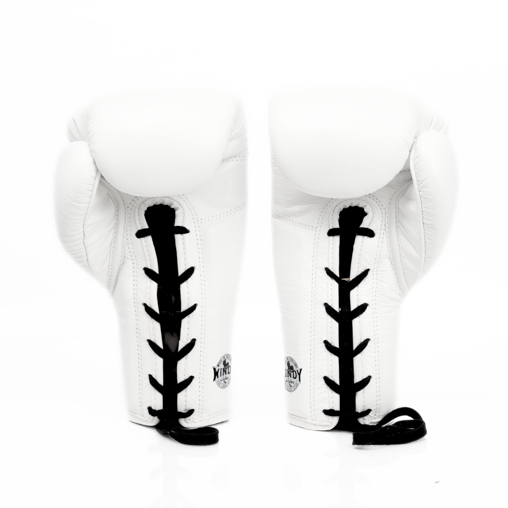 Windy BGL white lace-up boxing gloves with black laces and Windy branding, product view on a white background