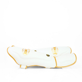 Windy LP3 white and gold Muay Thai shin guards with full-length leg and instep protection, padded shin support and Windy branding on a white background