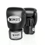 Front and rear view of a pair of black Windy BGVH leather Muay Thai boxing gloves showing padded knuckles, Windy logos, wrist straps and hook-and-loop closures on a white background