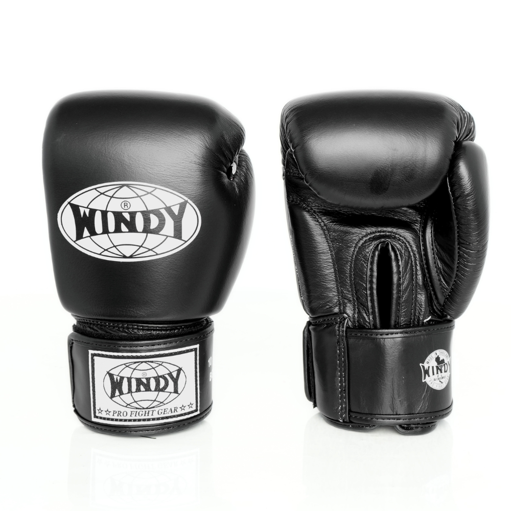 Front and palm-side views of a pair of black Windy BGVH leather Muay Thai boxing gloves showing padded knuckles, Windy logos, stitched palms, thumb openings and hook-and-loop wrist closures on a white background