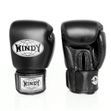 Front and palm-side views of a pair of black Windy BGVH leather Muay Thai boxing gloves showing padded knuckles, Windy logos, stitched palms, thumb openings and hook-and-loop wrist closures on a white background