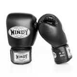 Front and angled side views of black Windy BGVH leather Muay Thai boxing gloves showing padded knuckles, Windy logos, wrist strap details and size marking on a white background