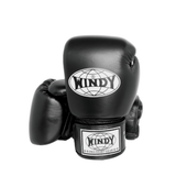 Front and rear angled view of a pair of black Windy BGVH leather Muay Thai boxing gloves showing padded knuckles, Windy logos, wrist straps and hook-and-loop closures on a white background
