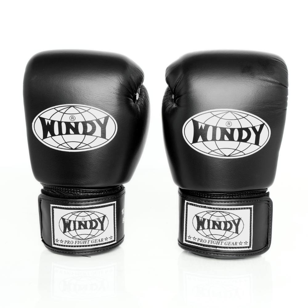 Side-by-side front and angled views of black Windy BGVH leather Muay Thai boxing gloves showing white Windy branding, padded knuckles and hook-and-loop wrist straps on a white background
