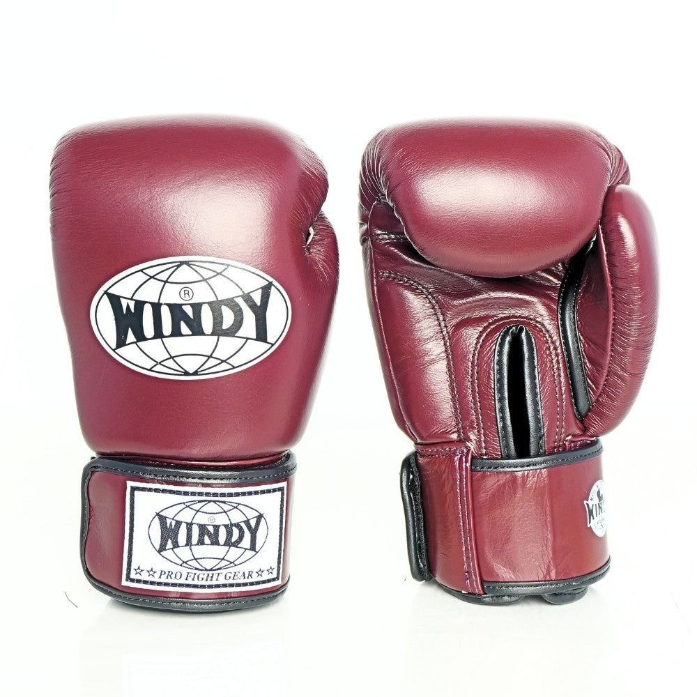 Palm-side view of maroon Windy BGVH Muay Thai boxing gloves showing stitched leather palms, thumb opening and padded wrist support on a white background