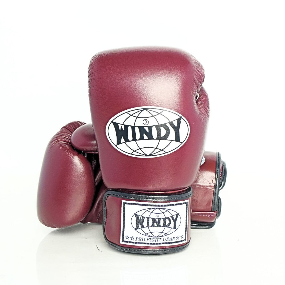 Rear view of maroon Windy BGVH Muay Thai boxing gloves showing leather panels, wrist cuffs and Windy branding on a white background
