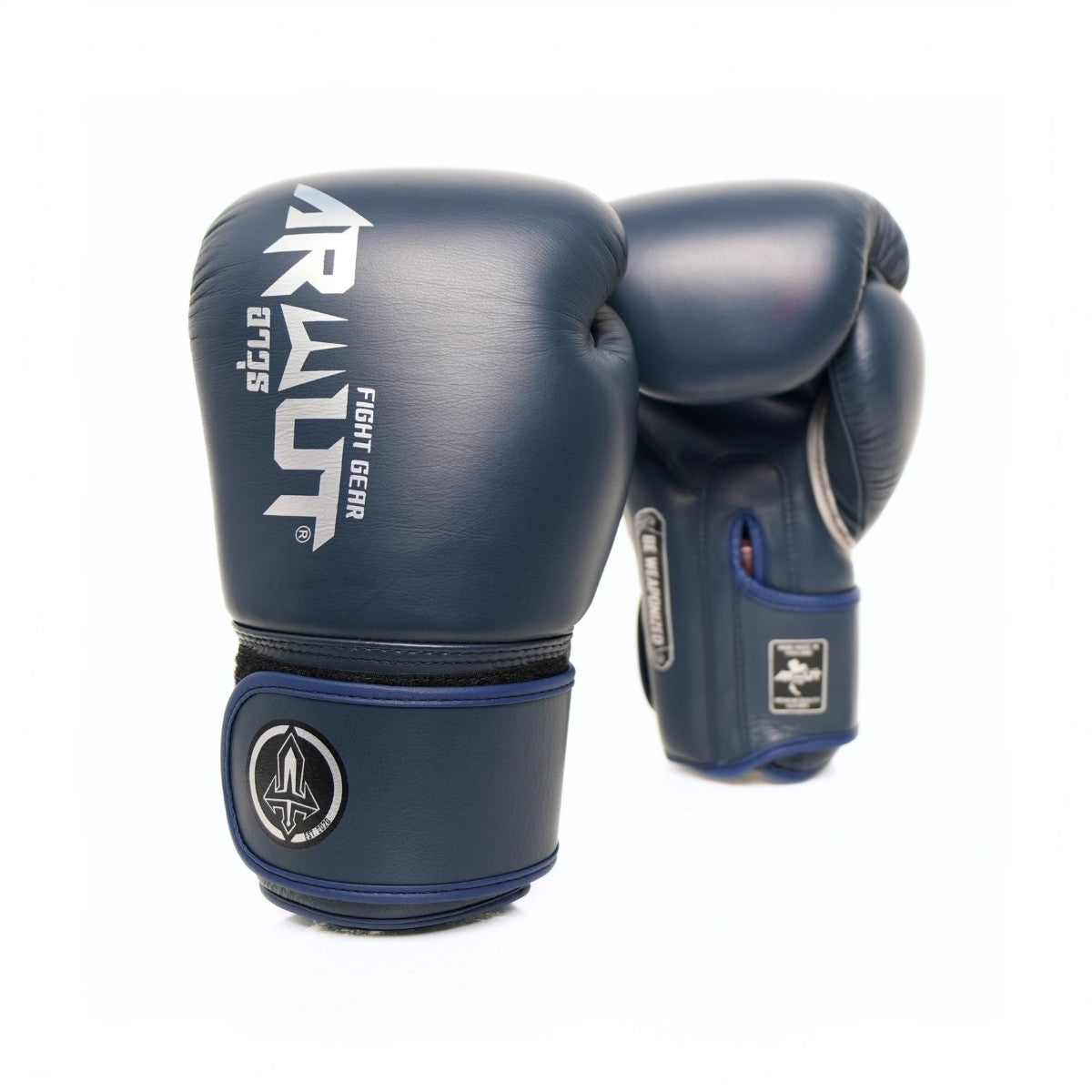 ARWUT BG5 The Ascent Oxford Blue Muay Thai boxing gloves, angled pair in leather with white and silver branding on a white background