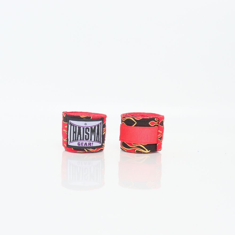 ThaiSmai Flame Muay Thai hand wraps showing the red and black flame pattern with branded wrist loop, 5-meter cotton wraps on a white background