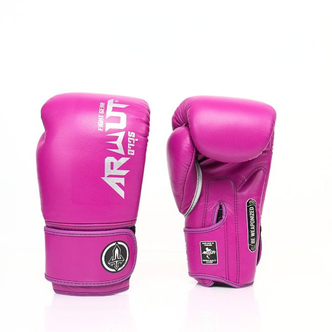 ARWUT BG5 The Ascent Muay Thai boxing gloves in Byzantium Purple, genuine leather training glove with high-density foam padding on a white background