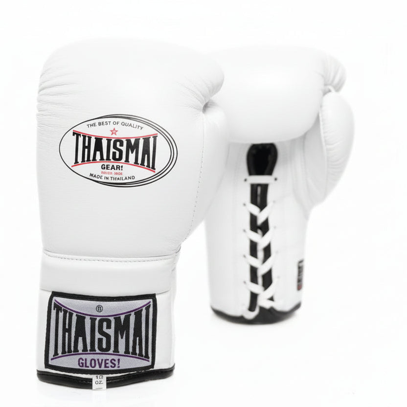Pair of white ThaiSmai BG121 lace-up boxing gloves with black laces, black wrist patches and ThaiSmai branding, shown against a white background.