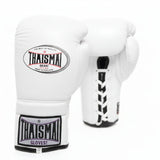Pair of white ThaiSmai BG121 lace-up boxing gloves with black laces, black wrist patches and ThaiSmai branding, shown against a white background.