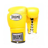 ThaiSmai BG121 lace-up boxing gloves in bright yellow leather with classic lace closure, reinforced multi-layer padding and secure wrist support for boxing and Muay Thai training on a white background