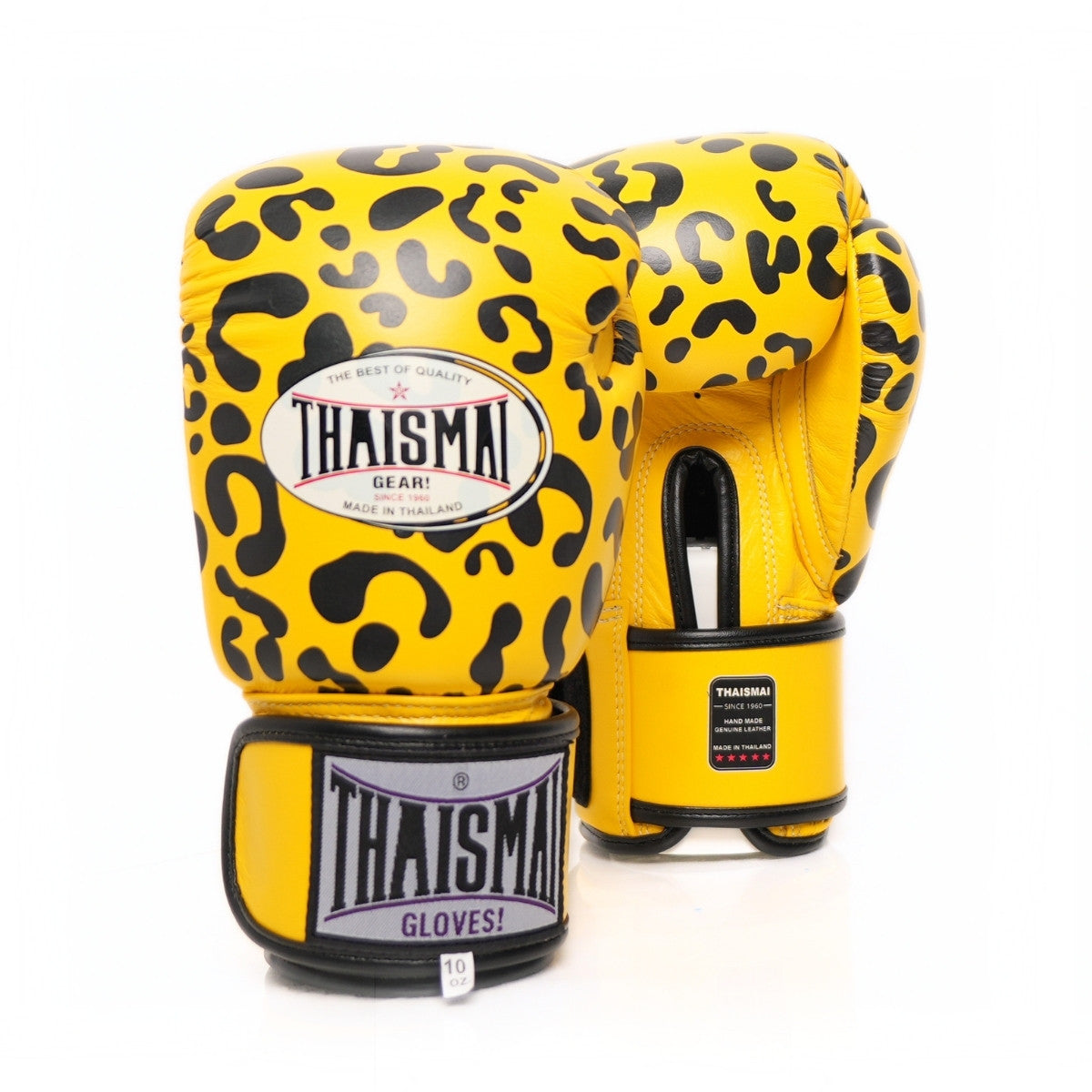 ThaiSmai FBG124 Leopard Muay Thai boxing gloves in genuine leather with yellow-and-black leopard print, padded knuckles and secure wrist support, pair on a white background