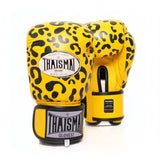 ThaiSmai FBG124 Leopard Muay Thai boxing gloves in genuine leather with yellow-and-black leopard print, padded knuckles and secure wrist support, pair on a white background