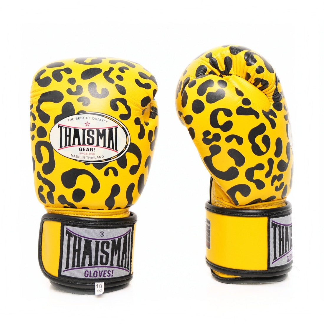 ThaiSmai FBG124 Leopard Muay Thai boxing gloves in genuine leather with yellow-and-black leopard print, padded knuckles and secure wrist support, pair on a white background