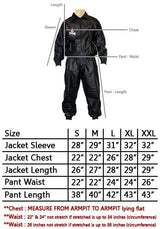 Twins Special VSS sauna suit size chart showing jacket sleeve, chest and length measurements plus pant waist and length measurements for sizes S through 2XL, with labeled measurement points on a black suit