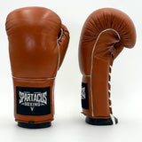 Vintage brown Spartacus Boxing old school training gloves with white piping and wrist logo.