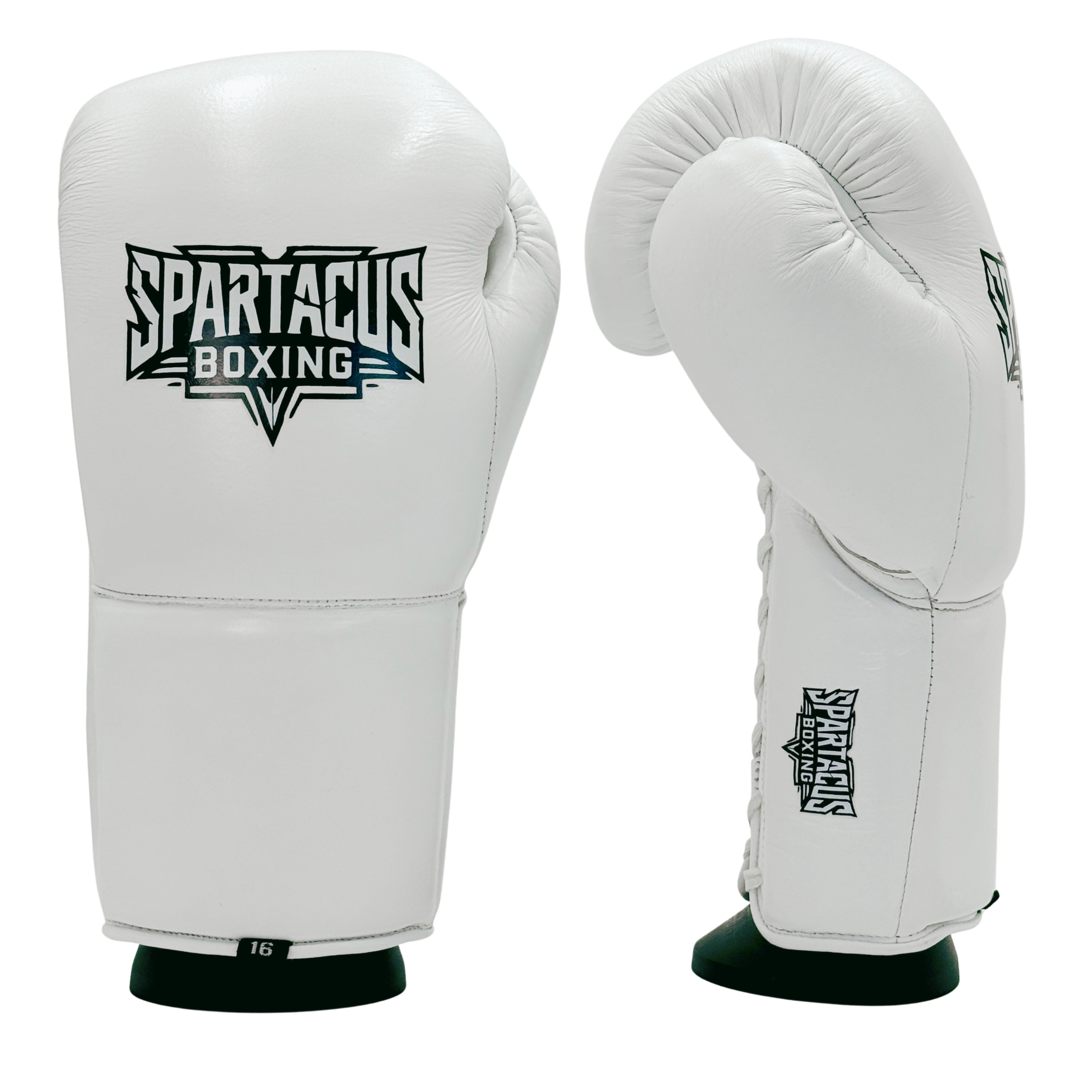 White Spartacus Boxing sparring gloves with lace-up closure and padded wrist cuff.