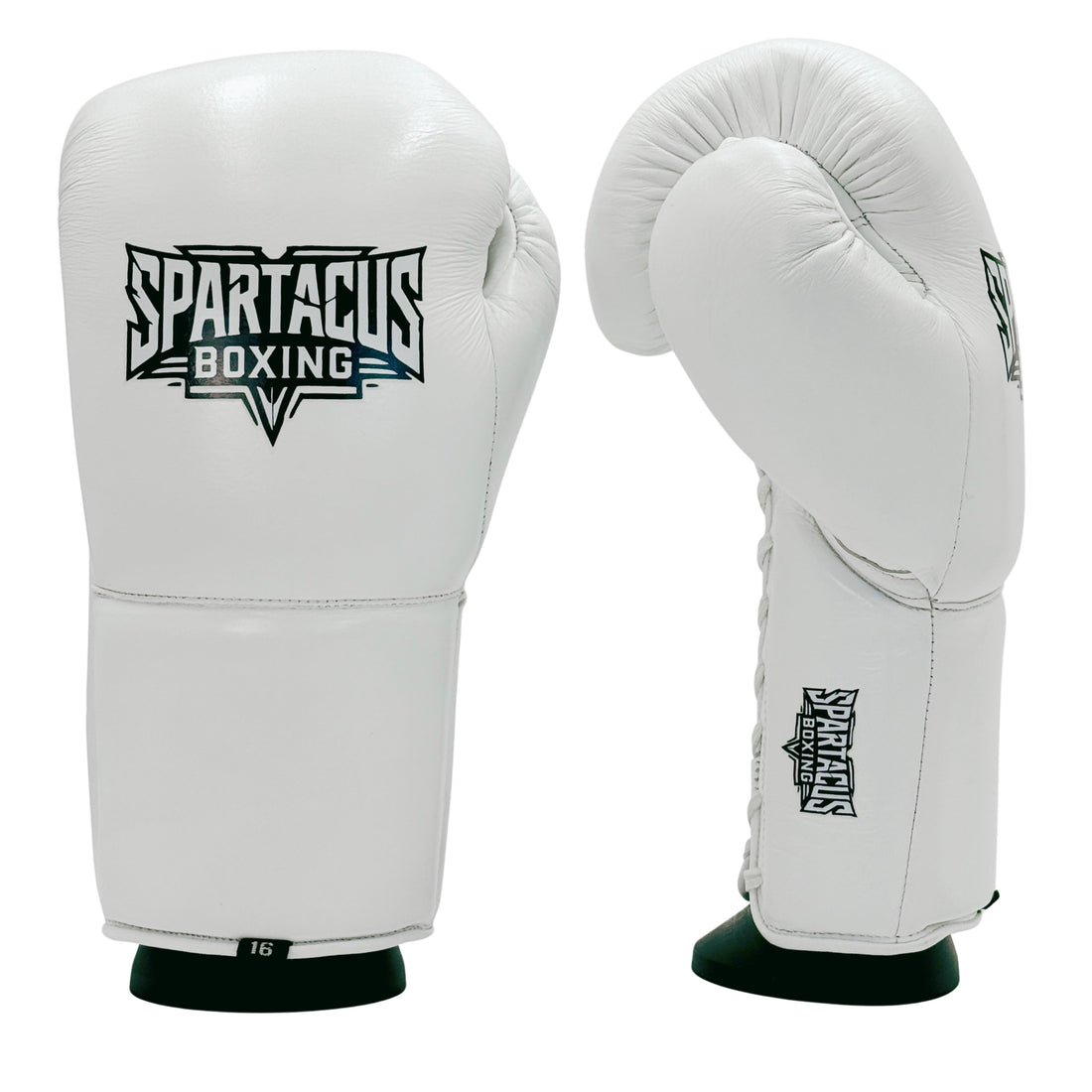 White Spartacus Boxing sparring gloves with lace-up closure and padded wrist cuff.
