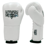 White Spartacus Boxing sparring gloves with lace-up closure and padded wrist cuff.