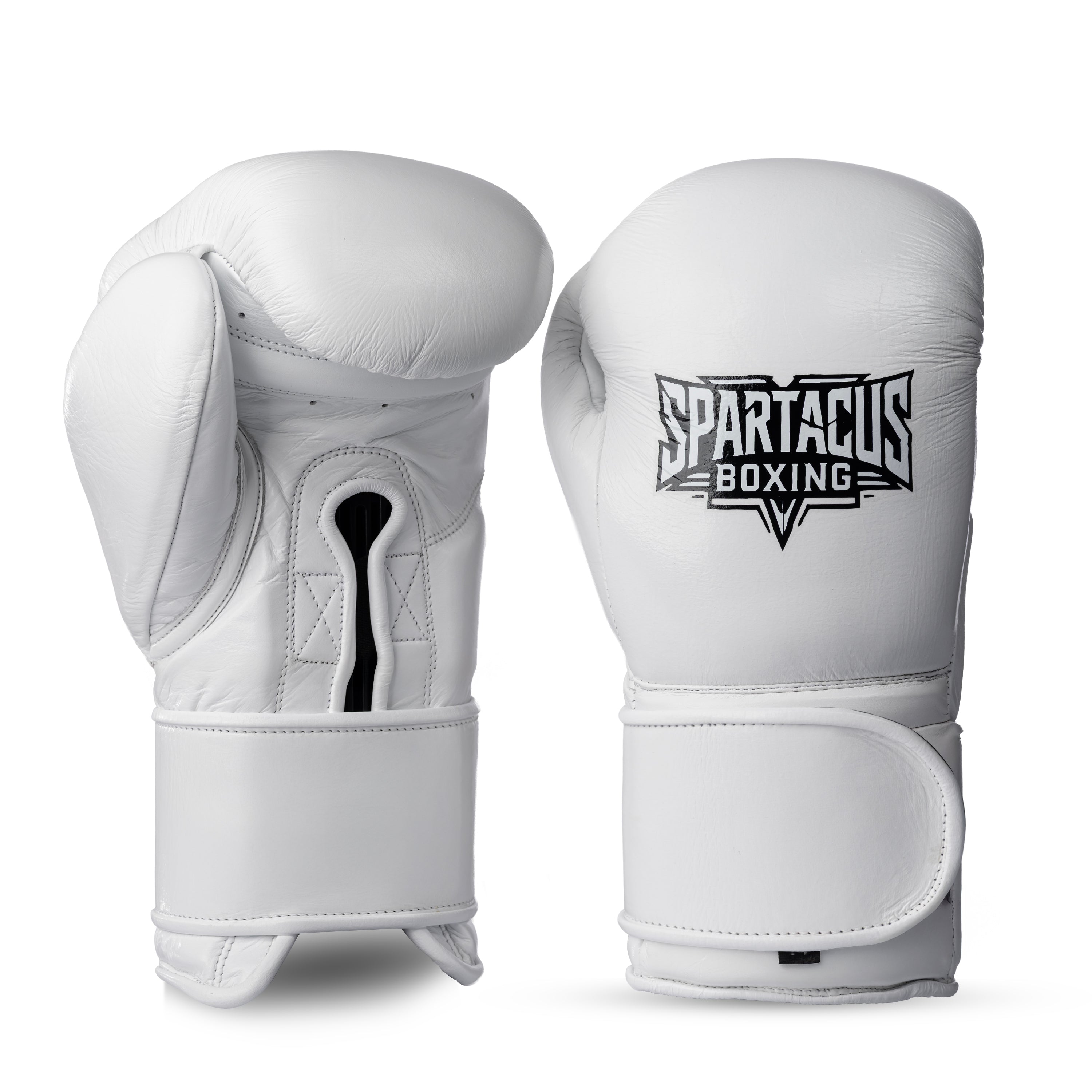 White Spartacus Boxing Velcro sparring gloves with padded wrist cuff.