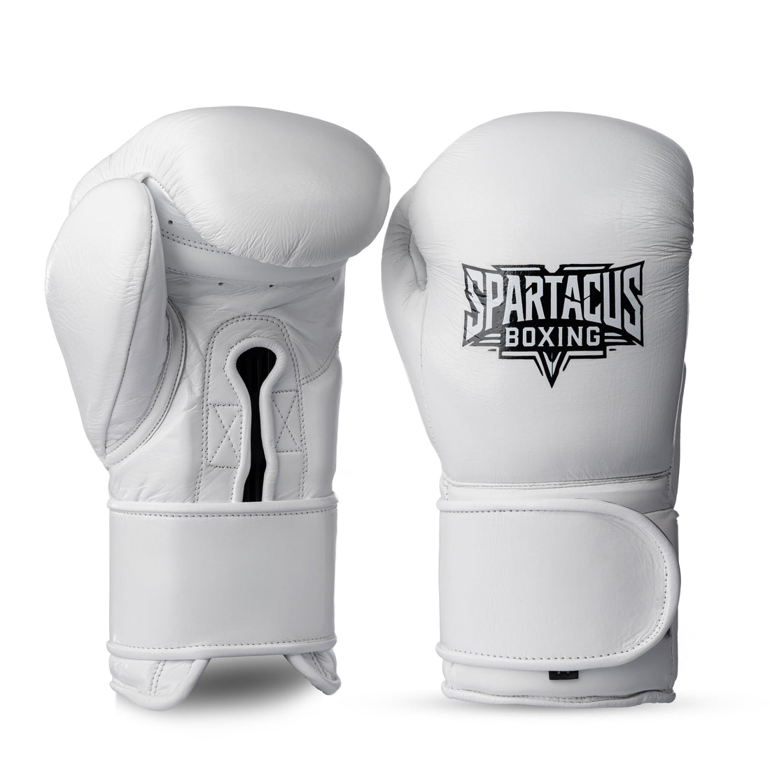 White Spartacus Boxing Velcro sparring gloves with padded wrist cuff.