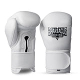 White Spartacus Boxing Velcro sparring gloves with padded wrist cuff.